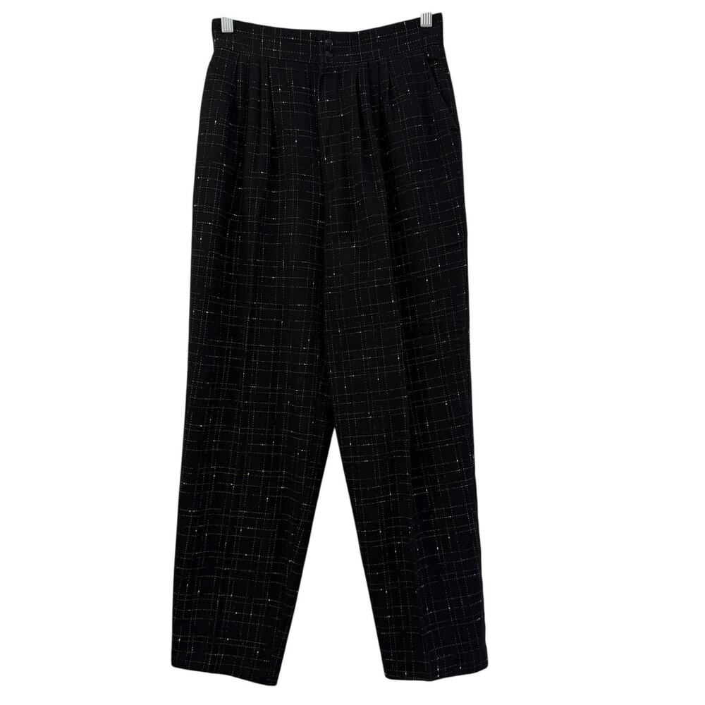Vtg 80's Tweed Trousers Size 9/10 Speckled Plaid Pleated High Waist Wool Black‎